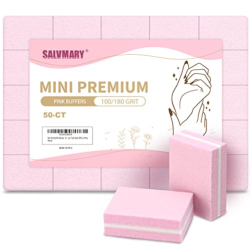 SALVMARY 50 Pcs Mini Nail Buffer 100/180 Grit Double Side Sponge Sanding Nail File Buffer Blocks Professional Nail Care Tools(Pink)