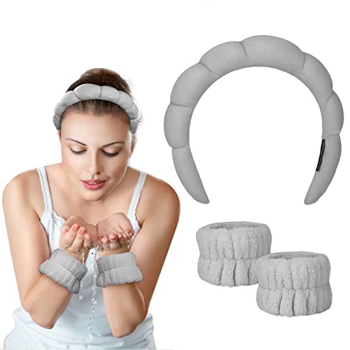 Spa Headband for Women Sponge, Puffy Makeup Headband for Skincare, Skincare Headband with Wristbands Terry Towel Cloth Fabric Head Band, Facial M