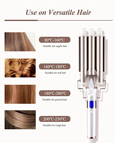 CkeyiN 3 Barrel Hair Waver, Curling Iron with LCD 16 Temperature Control Displays, Professional Ceramic Tourmaline Curling Wand, 22mm Hair Crimpe