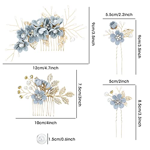 inSowni 20 Pack Classy Dusty Blue Flower Bridal Wedding Hair Side Combs+Floral Hair Pins+Twist Spiral Pearl Hair Pins Clips Pieces Formal Prom He