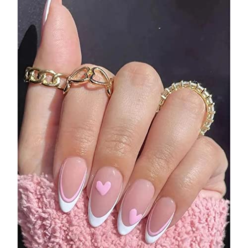 JUSTOTRY 24 Pcs Pale Orange Heart Short False Nails Stiletto,Beige French Press on Nails Pattern,Fake Nails Short with Nail Glue,Almond Medium St