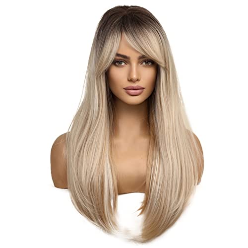 Esmee 24 Inches Long Straight Blonde Wig with Bangs Side Parting Natural Synthetic Hair Ombre Wigs for Women with Dark Roots for Daily Party Cosp