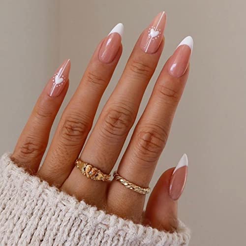 JUSTOTRY 24 Pcs Pale Orange Heart Short False Nails Stiletto,Beige French Press on Nails Pattern,Fake Nails Short with Nail Glue,Almond Medium St