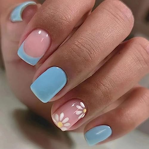 JUSTOTRY 24 Pcs Short False Nails Square,White French Press on Nails Pattern, Pretty Milky Fake Nails Short with Nail Glue, Stick on Nails for Wo