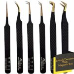 INSTEX Eyelash Tweezers Set of 6 PCS, Anti-Static Stainless Steel with Color Coated Firm Grip | Sharp Edge Classic Lash Tweezers for Volume & Fan