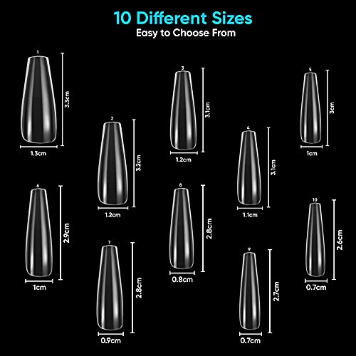 Husnshud False Nails - Set of 100 Full Cover Length Clear Nail Tips - Ballerina Fake Nails with File