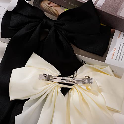 RosewineC 2 PCS Bow Hair Clips Solid Color Bow French Automatic Hair Clip with Long Silky Satin Tail Large Bows for Simple Women Girls Barrettes