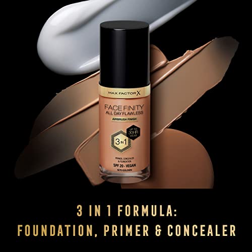 Max Factor Facefinity All Day Flawless 3 in 1 Liquid Foundation, Lightweight Oil Free Formula with SPF 20, 075 Golden, 30 ml