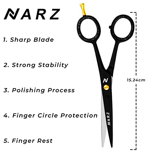 NARZ Professional Hairdressing Scissors for Barbers & Hairdressers 6" Stainless Steel Hair Cutting Scissors for Men & Women (Black)