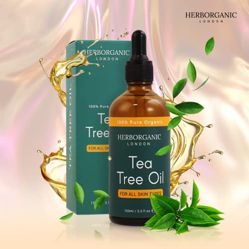 HerbOrganic Anti-bacterial Tea Tree Oil – 100 ml – Organic – Antiseptic – For Acne and Redness of Skin – For Pimples and Nail Fungus – Aromathera