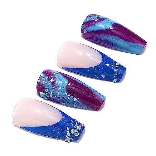 Brishow Coffin False Nails Long Fake Nails Sequin Press on Nails Blue Purple Marble Ballerina Acrylic Stick on Nails 24pcs for Women and Girls