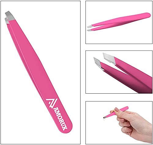 Professional Slanted Tweezer for Facial Hair Women & Men Stainless Steel Precision Tweezers for Ingrown Hair (Pink)