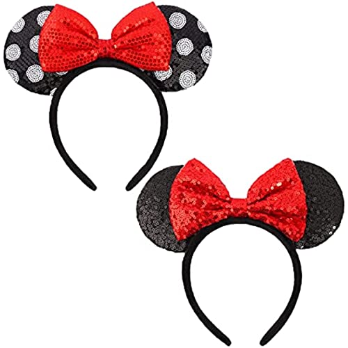 DRESHOW 2 Pack Mouse Ears Bow Headbands Glitter Party Decoration Cosplay Costume for Girls & Women