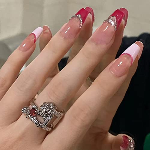 JUSTOTRY 24 Pcs Diamante Fake Nails Long, Nude French Press on Nails Patterns, Ballerina Stick on Nails for Women, Acrylic Medium Coffin False Na