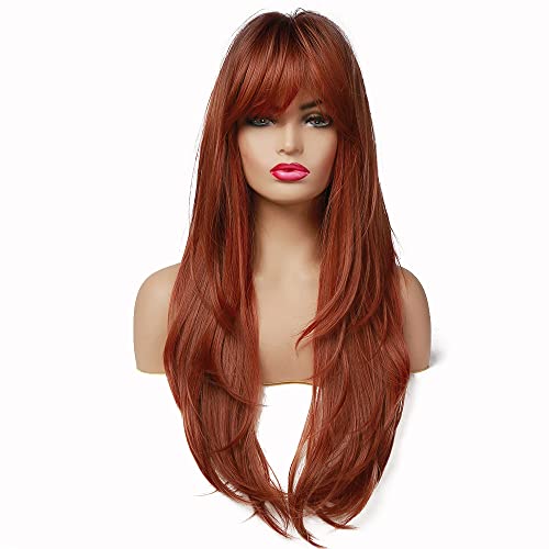Esmee 24 Inches Long Straight Blonde Wig with Bangs Side Parting Natural Synthetic Hair Ombre Wigs for Women with Dark Roots for Daily Party Cosp