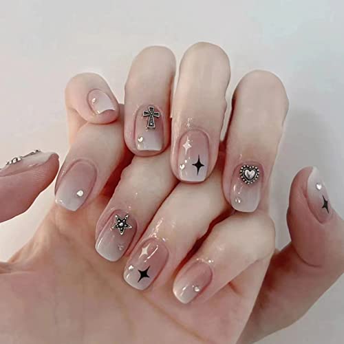 JUSTOTRY 24 Pcs Short False Nails Square,White French Press on Nails Pattern, Pretty Milky Fake Nails Short with Nail Glue, Stick on Nails for Wo