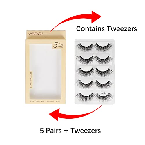 False Eyelashes 5 Pairs Reusable 3D Mink Lashes Handmade Natural Thick Fake Eyelashes Contains Stainless Steel Eyelash Tweezers (Bomb)