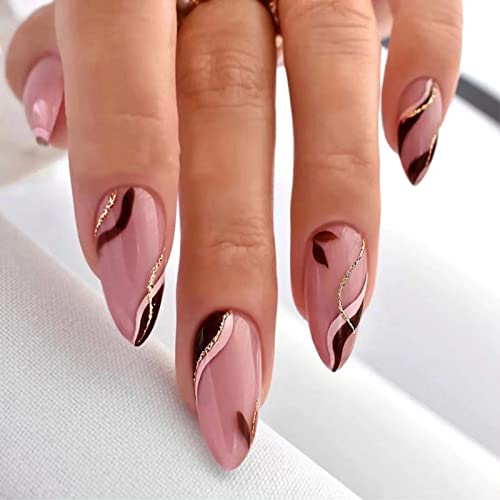 JUSTOTRY 24 Pcs Stiletto False Nails Medium with Jewels,Beige French Press on Nails Pattern,Fake Nails Short with Nail Glue,Almond Stick on Nails
