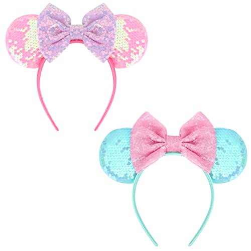 DRESHOW 2 Pack Mouse Ears Bow Headbands Glitter Party Decoration Cosplay Costume for Girls & Women