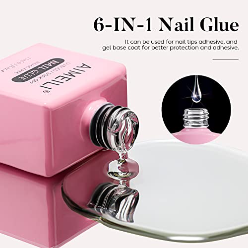 AIMEILI Nail Glue for Acrylic Tips Extra Strong Nail Bond Glue Brush On Clear Gel Adhesive Glue for Stick On Soft Gel Tips, Acrylic Nails, False