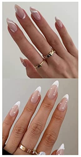 JUSTOTRY 4 Packs (96 Pcs) White and Black Square False Nails Short Pattern,Cheap and Durable French Press on Nails,Swirl Fake Nails Medium with N