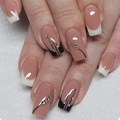 JUSTOTRY 24 Pcs Short False Nails Square,White French Press on Nails Pattern, Pretty Milky Fake Nails Short with Nail Glue, Stick on Nails for Wo