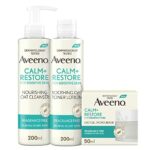 Aveeno Calm + Restore Regime Bundle set with Nourishing Oat Cleanser 200ml, Triple Oat Serum 30ml, and Oat Gel Moisturiser 50ml, Brown