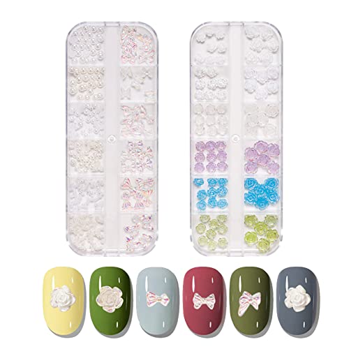 Nail Art Rhinestones and Pearls,2 Boxes Butterfly Bowknot Flower Nail Art Charms,Aurora Bear 3D Nail Art Decorations for Nail Art Design DIY Craf