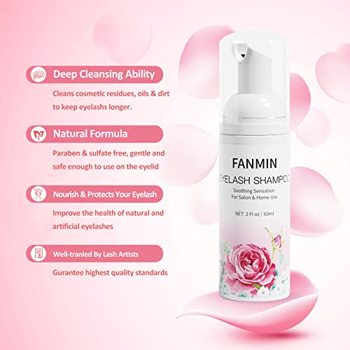 Lash Shampoo For Lash Extensions, Lash Extension Cleanser 60ML+2 Brushes+ Rinse Bottle, Paraben & Sulfate Free, Lash Wash and Cleaner For Daily U