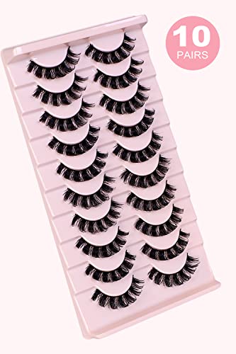 False Eyelashes Russian Volume Strip Lashes,Wispy D Curl Fake Eyelashes,Faux Mink Lashes Natural Look Fluffy Russian Strip Lashes 3D Effect 10 Pa