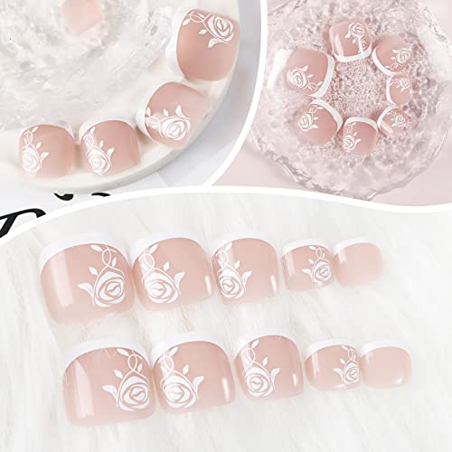 24pcs French False Toenails Tips Stick on Toenails Natural Press on Toenails Nude Short Fake Toe Nails for Women Toenail Decorations (Glitter)