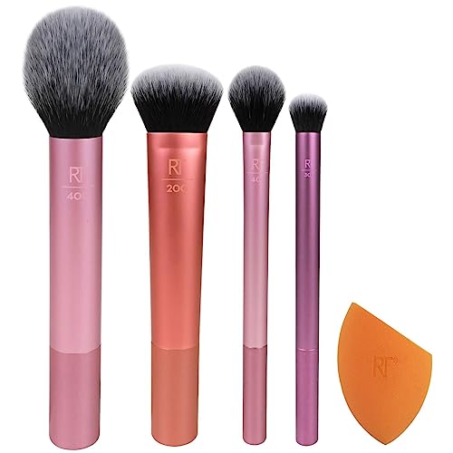 REAL TECHNIQUES,5 Count (Pack of 1) Everyday Essentials Makeup Brush Complete Face Set (Miracle Complexion Sponge, Expert Face, Blush, Setting an