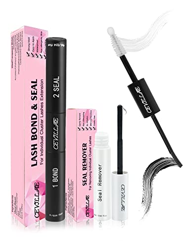 Lash Bond and Seal with Remover, Cevillae Eyelash Glue and Lash Remover for Individual Cluster Lashes Extensions, Waterproof Strong Hold 48Hours