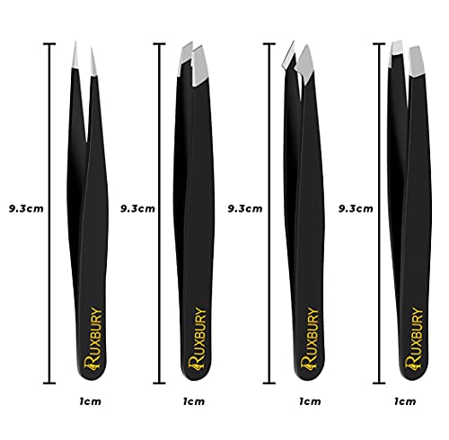 Ruxbury 4pcs Tweezers for facial hair women & men Professional Stainless Steel black color coated precision tweezers Slanted & Pointed Tip eyebro