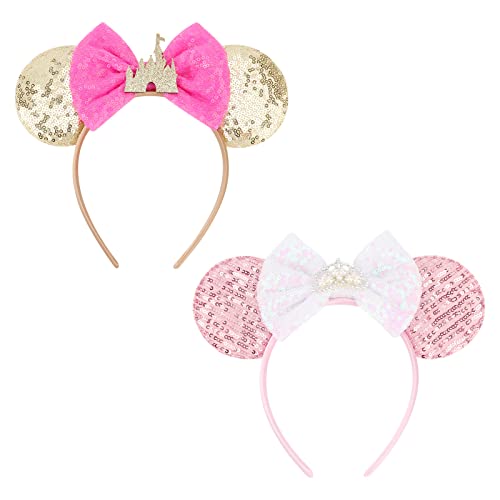 DRESHOW 2 Pack Mouse Ears Bow Headbands Glitter Party Decoration Cosplay Costume for Girls & Women