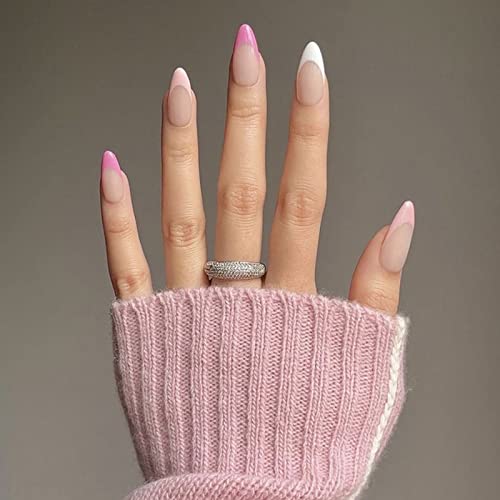 JUSTOTRY 24 Pcs Pink Press on Nails Medium, Dark Blue and White swirl Fake Nails with Designs, French Stick on Nails for Women, Acrylic False Nai