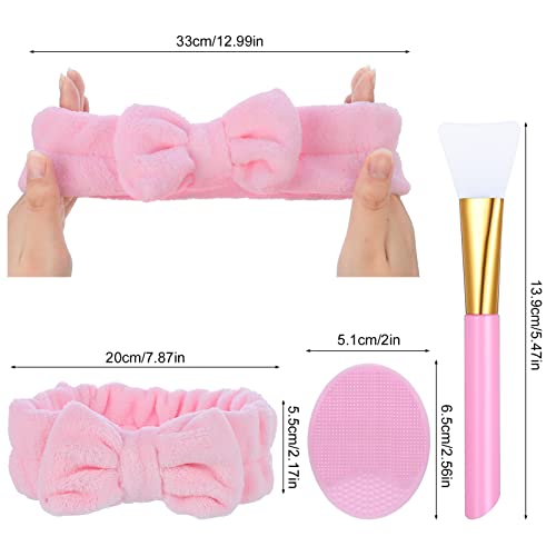 Pinenuts 4 Pack Spa Headband, Makeup Headbands Bowknot Hair Bands with Silicone Facial Cleansing Brush & Face Brush, Coral Fleece Head Wraps for