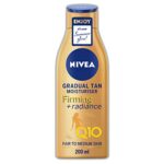 NIVEA Q10 Firming + Radiance Gradual Tan (200 ml), Tan Activating Firming Cream with Q10, Supports a Gradual Tan, Tanning Moisturiser for a Sun-K