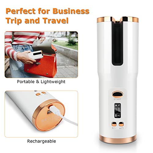 Cordless Auto Curling Iron, Topretty Hair Wand Curling LCD Display & USB Rechargeable Anti-Tangle Hair Curlers for Long Hair Adjustable Temperatu