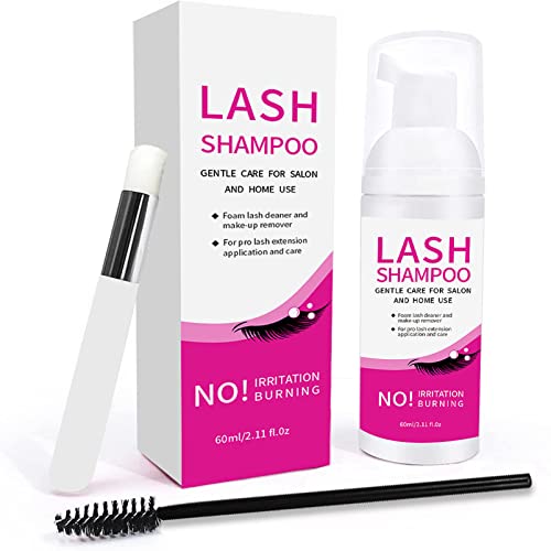 Eyelash Extension Cleanser 60ml+Brush+ Mascara Wand, Mousse Eyelash Shampoo for Eyelash Extensions, Lash Cleaning Kit, Relieve Itching, Eyelash E