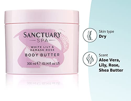 Sanctuary Spa Body Butter, White Lily & Damask Rose Body Moisturiser with Shea Butter, Vegan and Cruelty Free 300 ml
