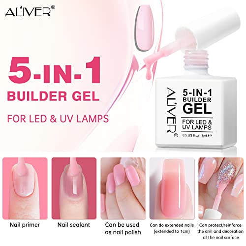 Builder Gel for Nail 15ml, Pink 5 in 1 Builder Base Strengthening Gel, Gel Nail Polish Base Coat, For Nail Extensions, Repair, Reinforcement, Sti