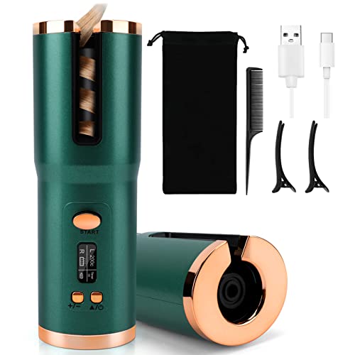 Cordless Auto Curling Iron, Topretty Hair Wand Curling LCD Display & USB Rechargeable Anti-Tangle Hair Curlers for Long Hair Adjustable Temperatu