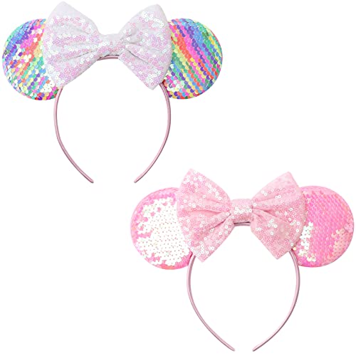 DRESHOW 2 Pack Mouse Ears Bow Headbands Glitter Party Decoration Cosplay Costume for Girls & Women