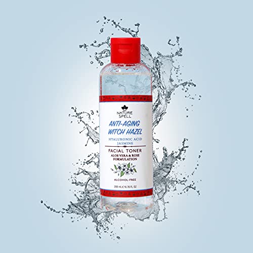Nature Spell Witch Hazel Facial Toner with Hyaluronic Acid, Aloe Vera & Rose Water 200 Ml - Anti Aging Facial Toner - Alcohol Free Formulation -