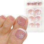 24pcs French False Toenails Tips Stick on Toenails Natural Press on Toenails Nude Short Fake Toe Nails for Women Toenail Decorations (Glitter)