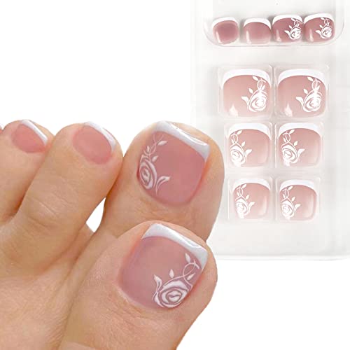 24pcs French False Toenails Tips Stick on Toenails Natural Press on Toenails Nude Short Fake Toe Nails for Women Toenail Decorations (Glitter)
