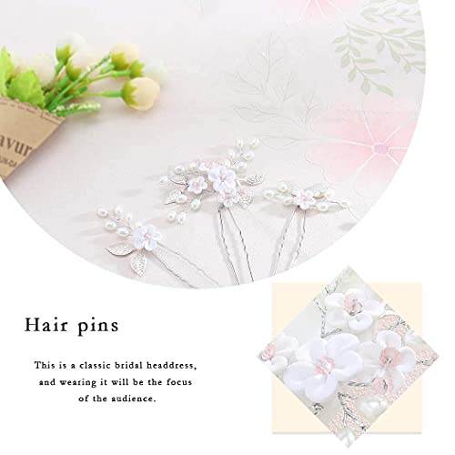 Edary Bride Wedding Flower Hair Pins Pearl Bridal Hair Pieces Wedding Hair Accessories Silver Hair Clips for Women and Girls (Pack of 5)
