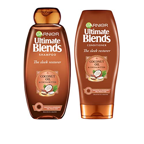Garnier Ultimate Blends Shampoo & Conditioner Set | Sleek Restorer With Coconut Oil & Cocoa Butter Smoothing for Sleek, Smooth, Frizz-Free Hair |