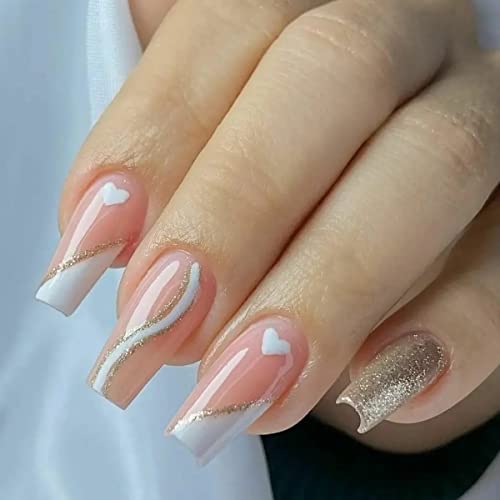 JUSTOTRY 24 Pcs Diamante Fake Nails Long, Nude French Press on Nails Patterns, Ballerina Stick on Nails for Women, Acrylic Medium Coffin False Na